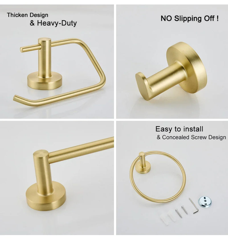 Brushed Gold Wall Mount Toilet Accessories - Towel Bar, Roll Holder, Robe Hook