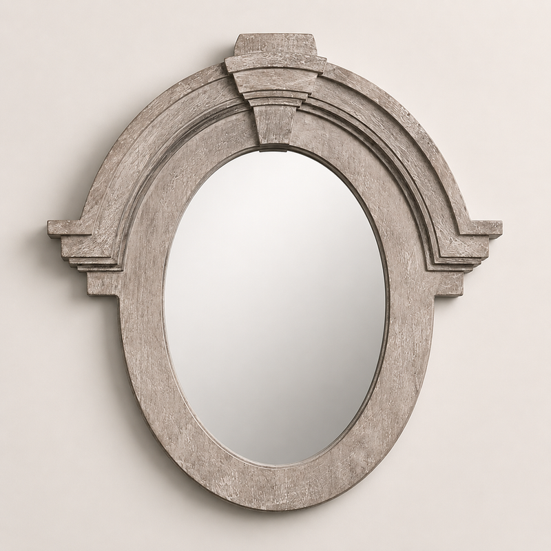 Mansard Architectural Oval Wall Mirror - Distressed Grey Wood Frame
