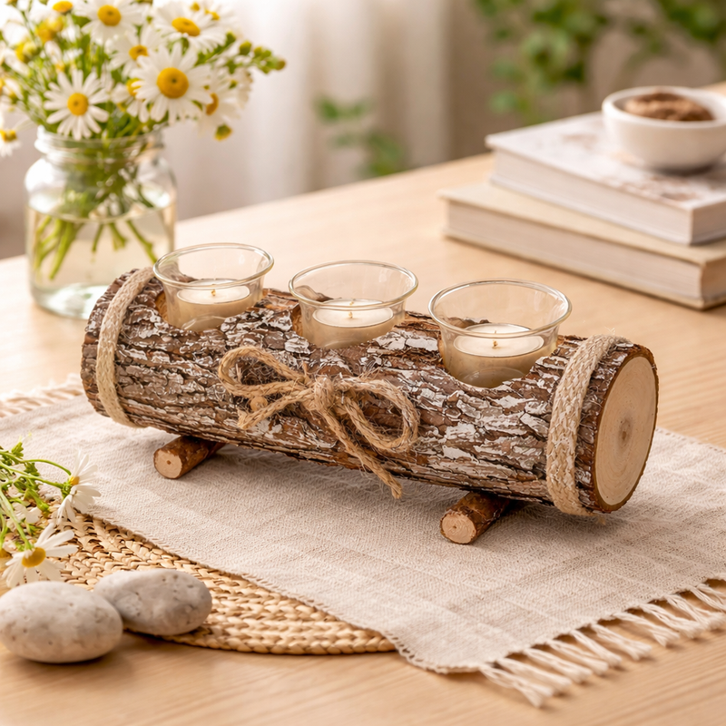 Rustic Log Tea Light Candle Holder with 3 Glass Holders 17cm