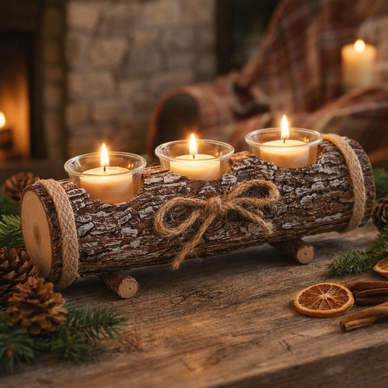 Rustic Log Tea Light Candle Holder with 3 Glass Holders 17cm