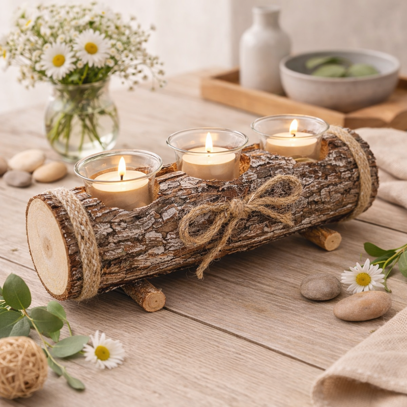 Rustic Log Tea Light Candle Holder with 3 Glass Holders 17cm