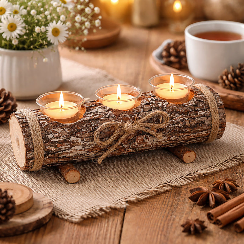 Rustic Log Tea Light Candle Holder with 3 Glass Holders 17cm