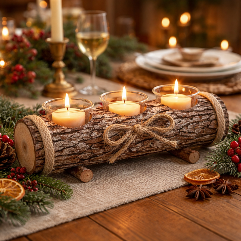 Rustic Log Tea Light Candle Holder with 3 Glass Holders 17cm