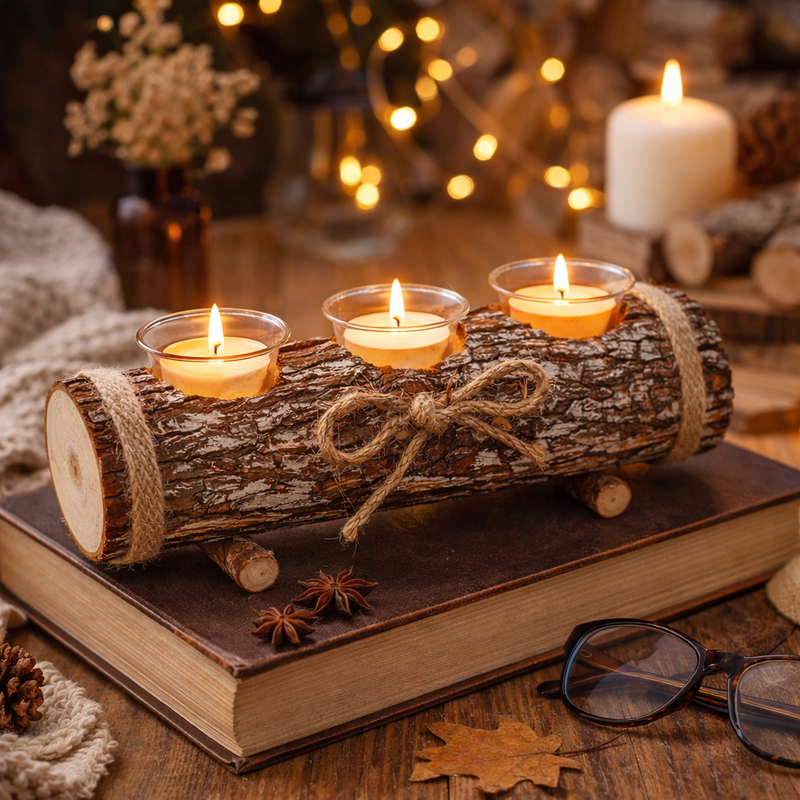 Rustic Log Tea Light Candle Holder with 3 Glass Holders 17cm