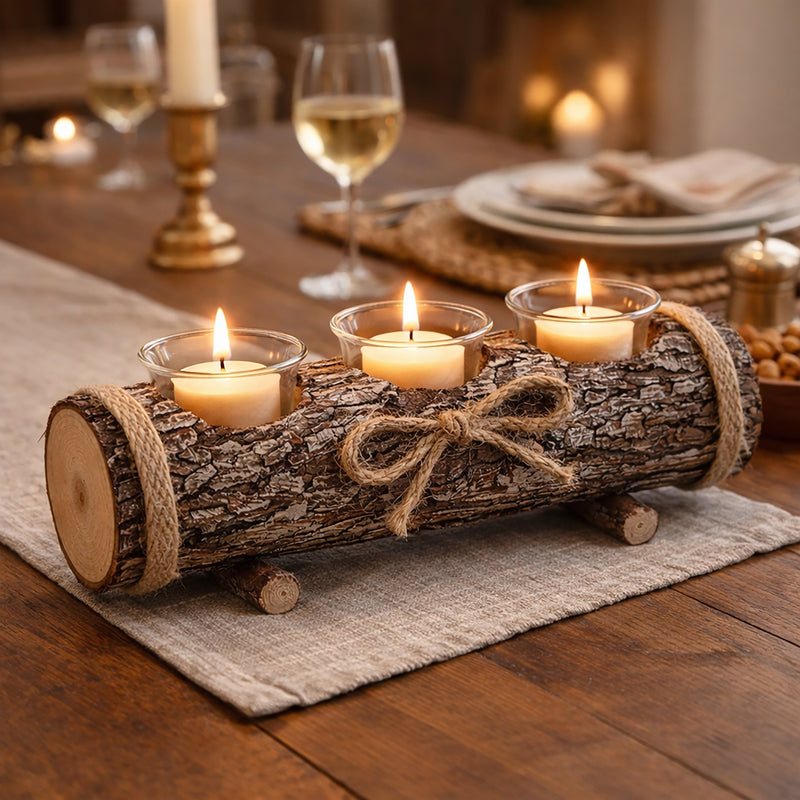 Rustic Log Tea Light Candle Holder with 3 Glass Holders 17cm