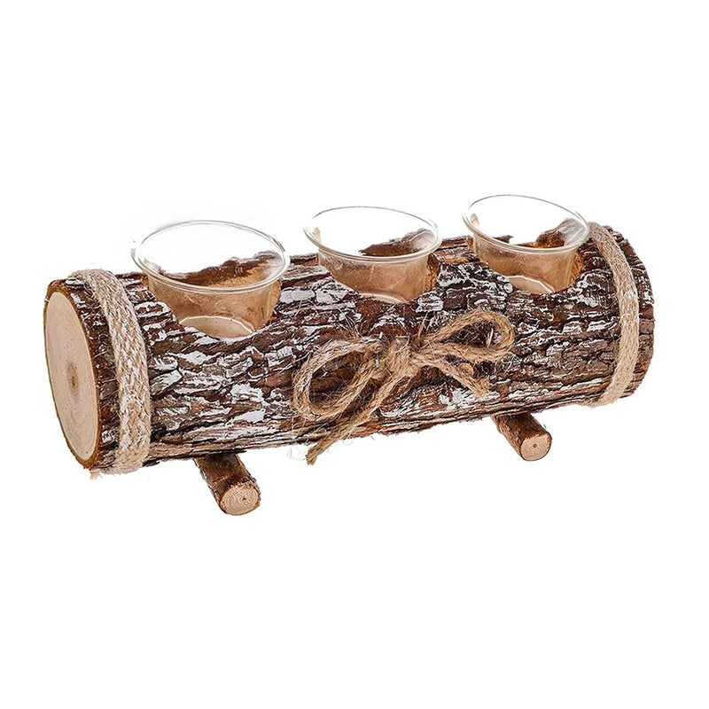 Rustic Log Tea Light Candle Holder with 3 Glass Holders 17cm