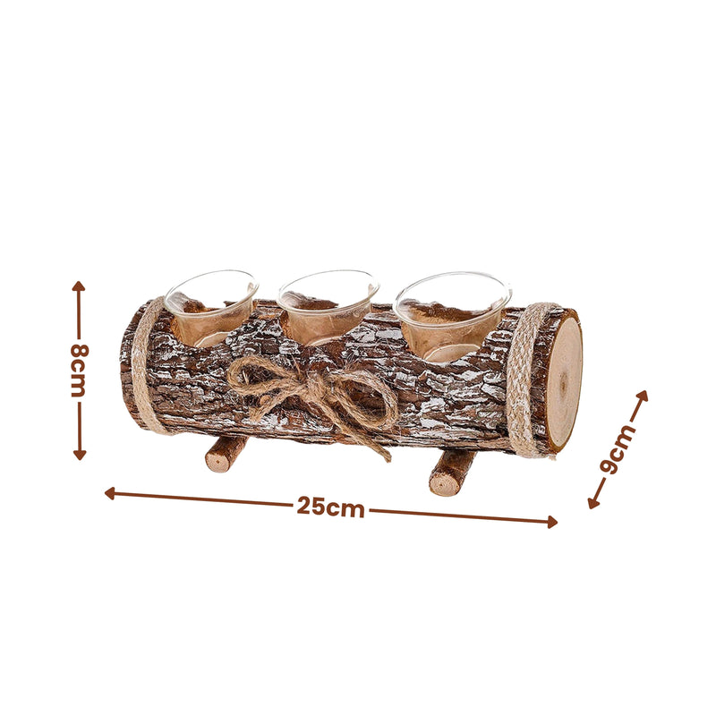 Rustic Log Tea Light Candle Holder with 3 Glass Holders 17cm