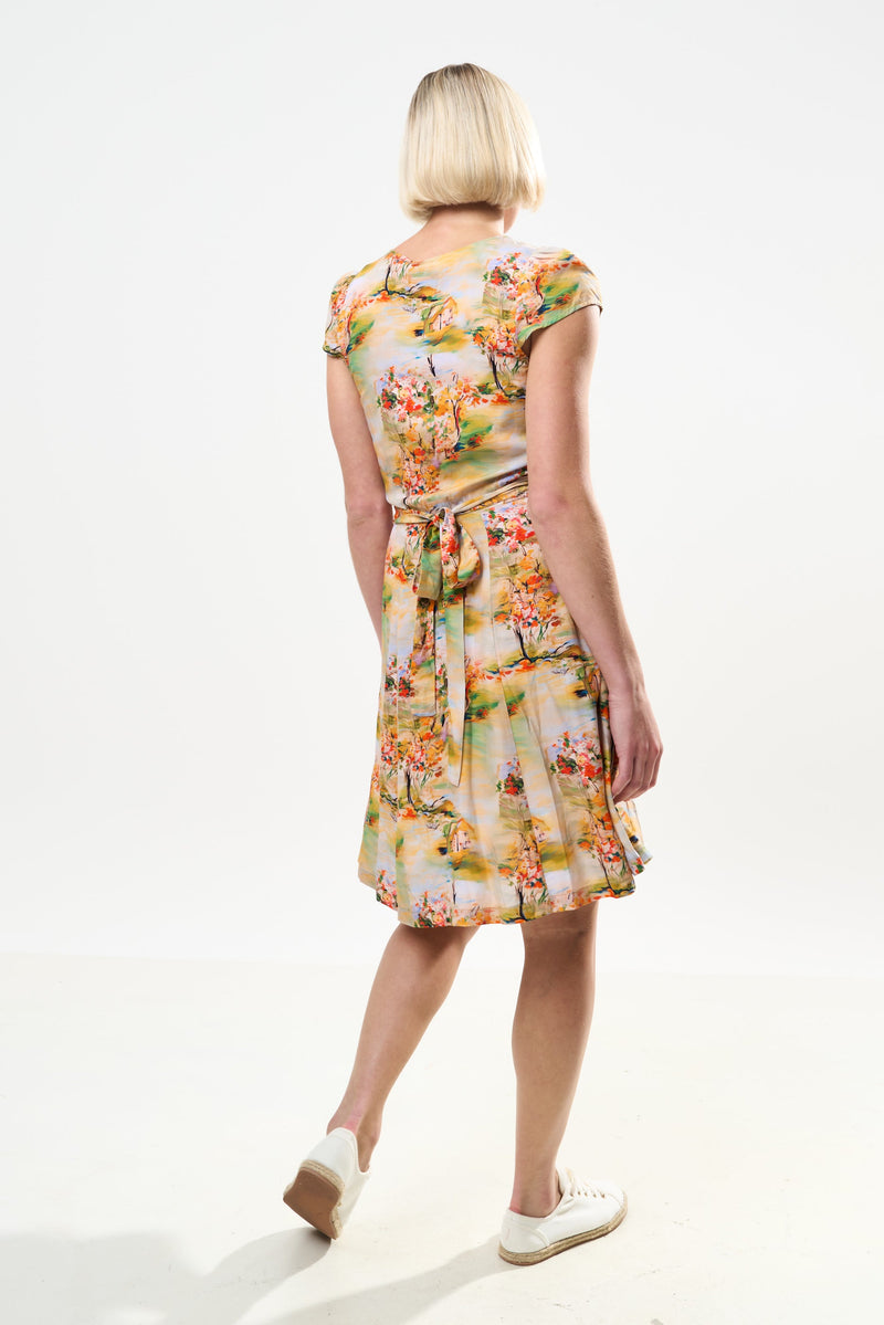 Cathleen Mini Oriental Landscape Print Tea Dress - Yellow