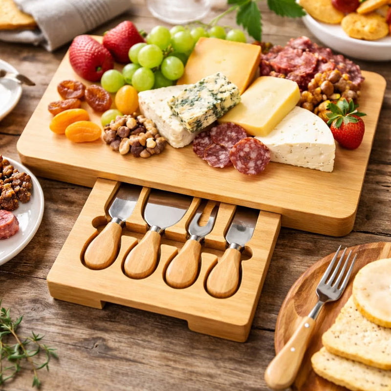 Bamboo Cheese Board & Knife Set Wooden Serving Platter
