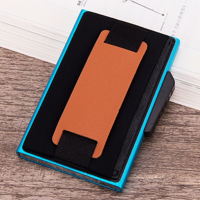 X-32C Automatically Pop-up Card Type Anti-magnetic RFID Anti-theft Men Aluminum Alloy B Dial Button Elastic Bag Wallet with PU Leather Strap, X-32C B Dial Button Black, X-32C B Dial Button Grey, X-32C B Dial Button Blue
