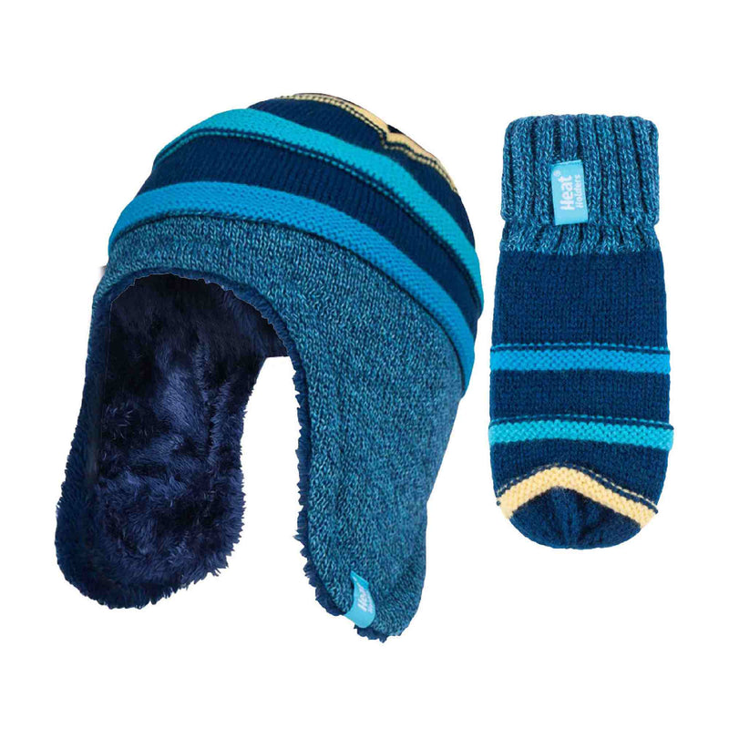 Childrens Winter Warm Fleece Lined Thermal Hat & Mittens Set with Ear Flaps