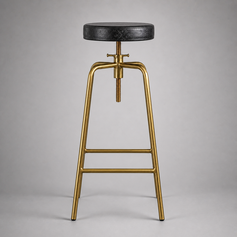 Brass Bar Adjustable Stool Black Leather Top Seat | Vintage Industrial Style