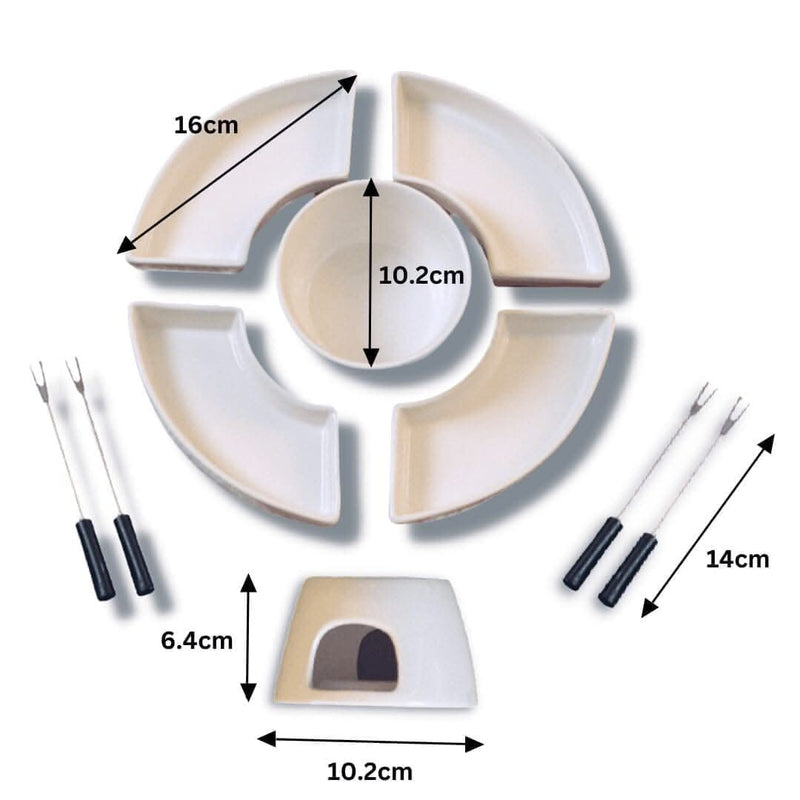 White Ceramic Fondue Set with 4 Serving Dishes & Forks