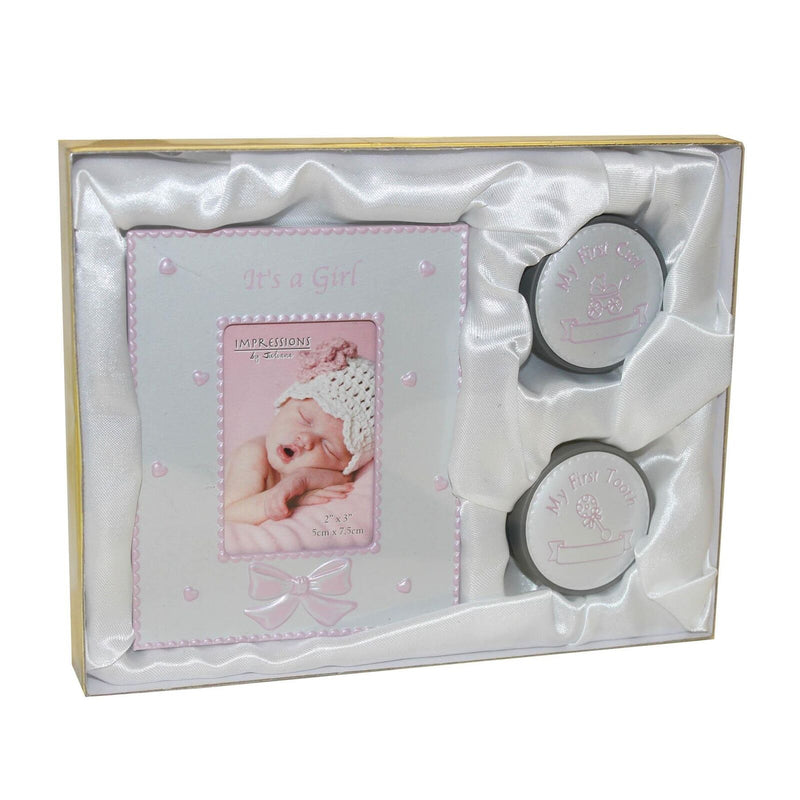 It's A Girl Photo Frame (2 x 3") & My First Tooth and Curl Frame Christening Gift