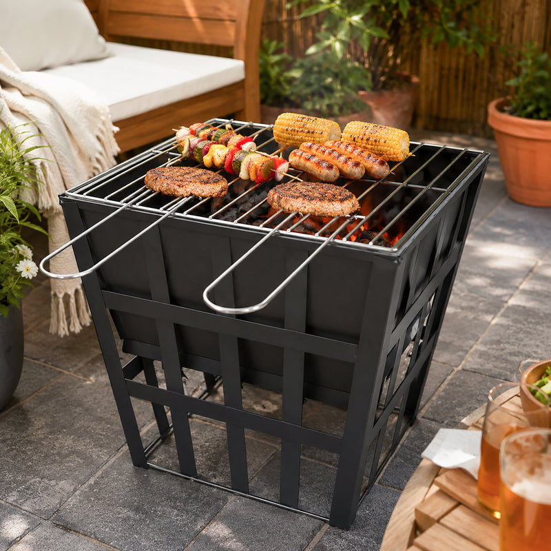 Black Gothic Square Fire Pit Outdoor Garden BBQ Heater