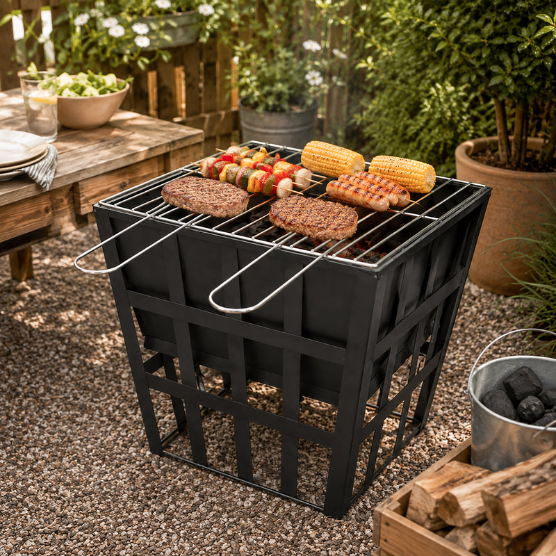 Black Gothic Square Fire Pit Outdoor Garden BBQ Heater
