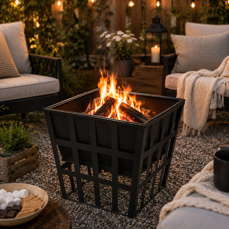 Black Gothic Square Fire Pit Outdoor Garden BBQ Heater