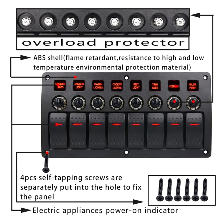 3Pin 8 Way Switches Combination Switch Panel with Light and Projector Lens for Car RV Marine Boat, 3Pin 8 Way