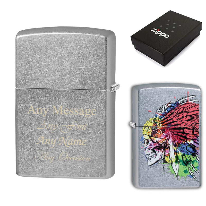 Engraved Skull with Headdress Official Zippo Windproof Lighter