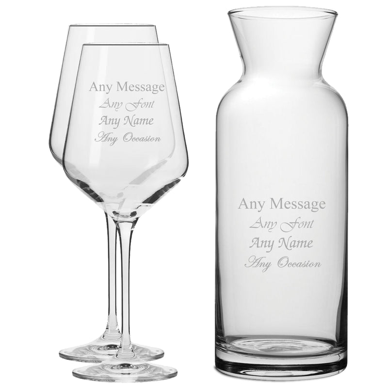 Personalised Engraved Set of 2 Infinity Wine Glass and Village Carafe Set