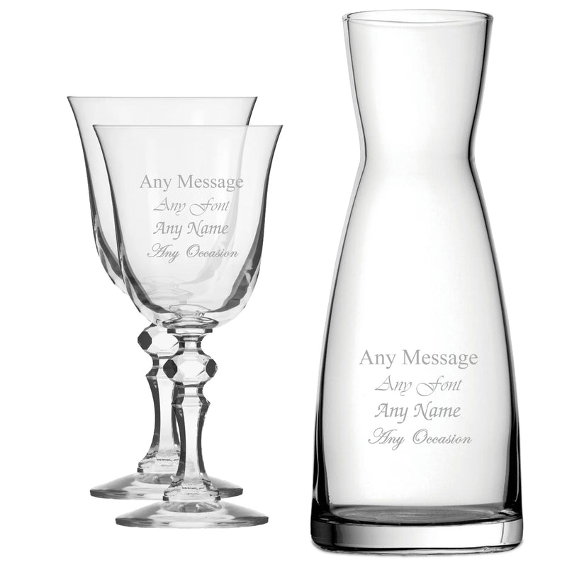 Personalised Engraved Set of 2 Crystal Jasmine Wine Glass and Contemporary Carafe Set