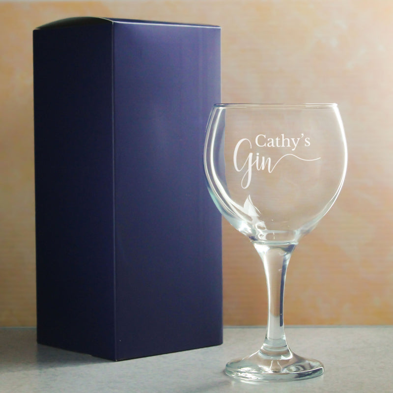 Engraved Gin Balloon Cocktail Glass with Name's Gin Design, Personalise with Any Name