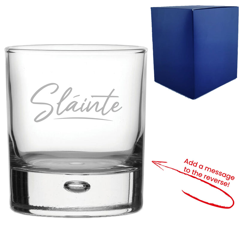 Engraved Whisky Glass with Slainte Script Design, Add a Personalised Message to the Reverse