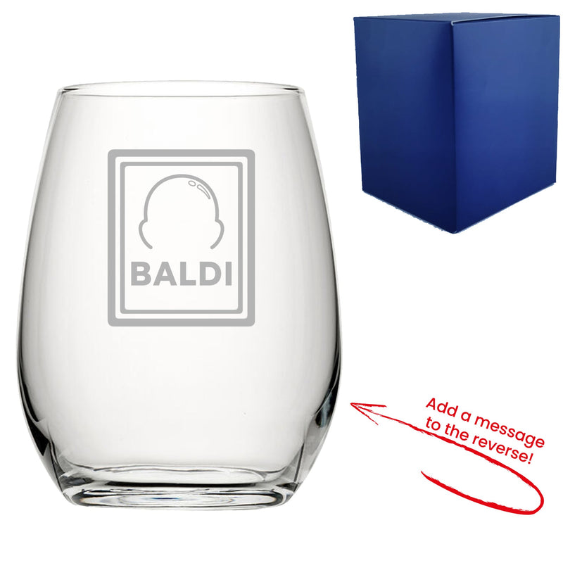 Engraved Stemless Wine Glass with Baldi Design, Add a Personalised Message to the Reverse