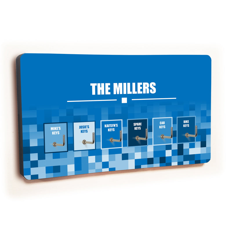 Personalised Novelty 6 hook key holder - Blue squares