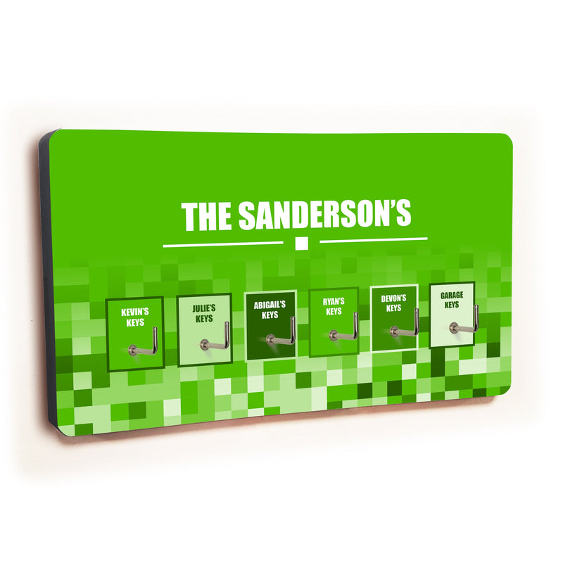 Personalised Novelty 6 hook key holder - Green Squares