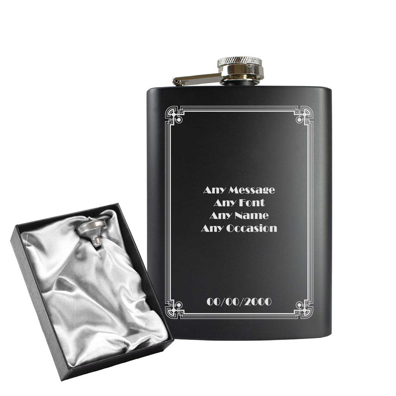 Engraved 8oz Black Hip flask with Formal border