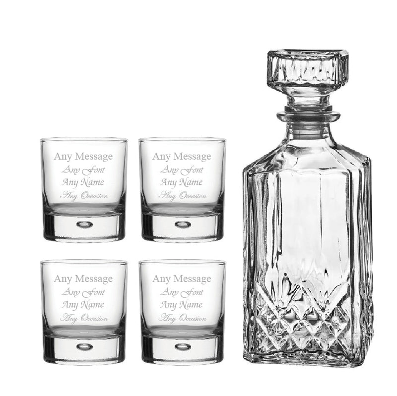 Set of 4 Engraved 11.5oz Bubble Whisky glasses and Prysm Decanter