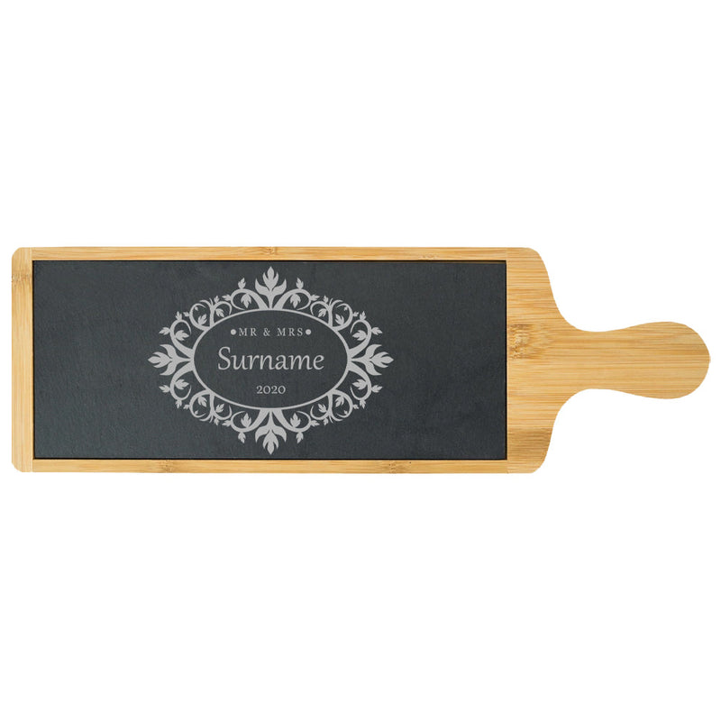 Engraved Bamboo and Slate Cheeseboard with Mr and Mrs Design