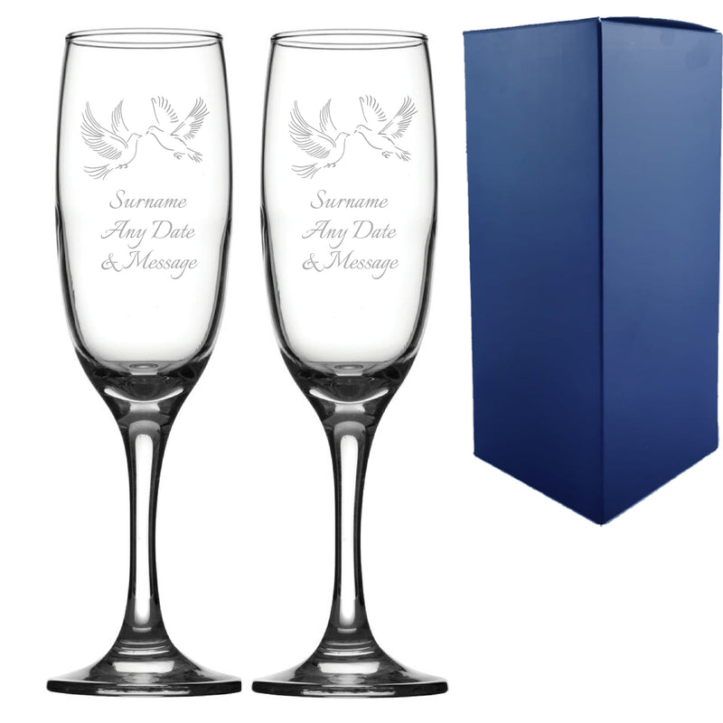Engraved Wedding Champagne Set, Doves, Any Message, 7.5oz/221ml