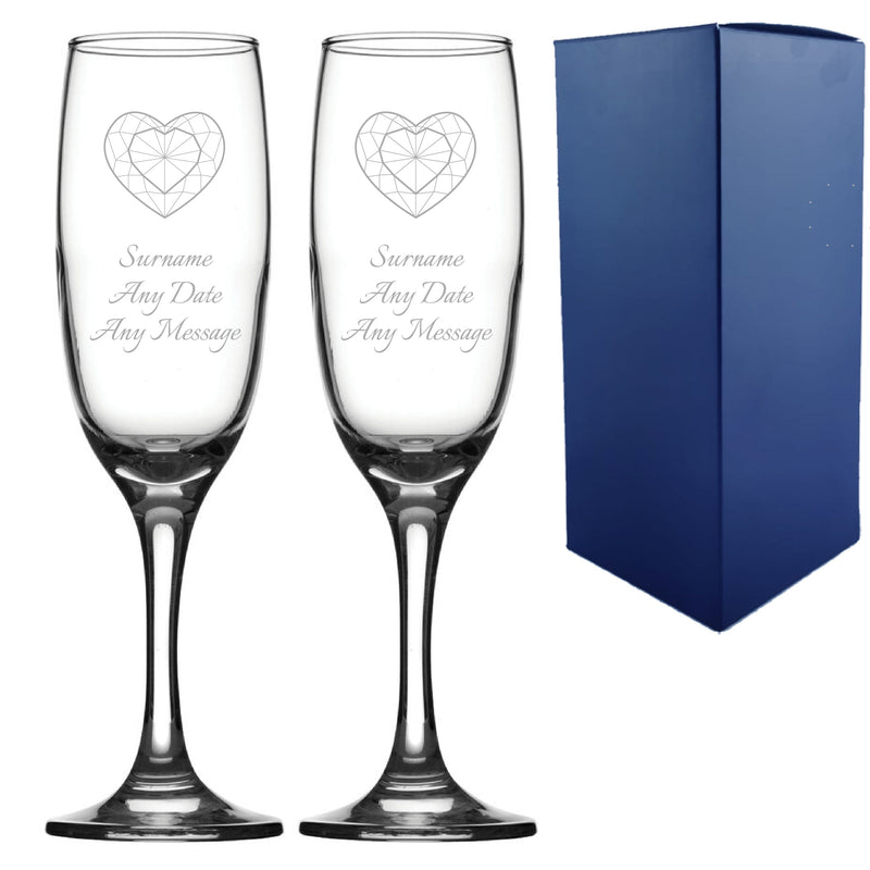 Engraved Wedding Champagne Set, Diamond Heart, Any Message, 7.5oz/221ml