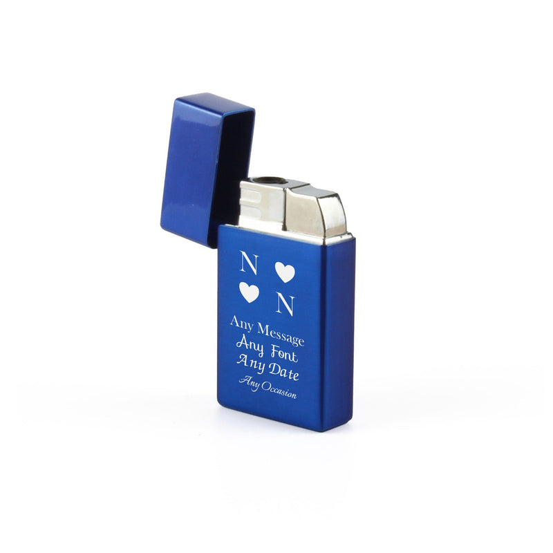 Engraved Jet Gas Lighter Blue Heart Initials Gift Boxed
