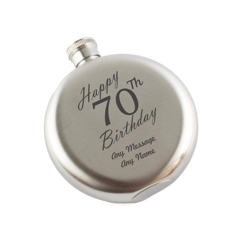 Engraved 5oz Round Steel Hip Flask Happy 70th Birthday