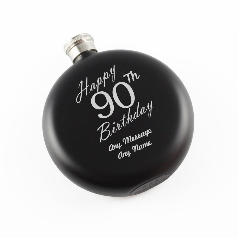 Engraved 5oz Round Black Hip Flask Happy 90th Birthday