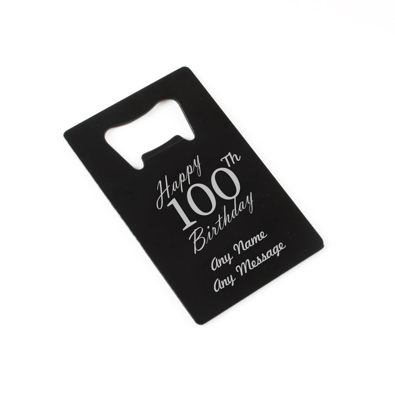 Engraved Portable Wallet Card Bottle Opener Black Happy 100th Birthday