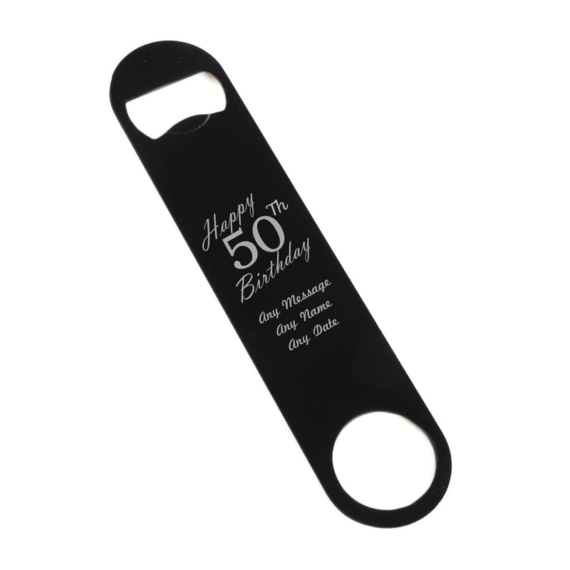 Engraved Large Black Steel Bar Blade Bottle Opener Happy 50th Birthday