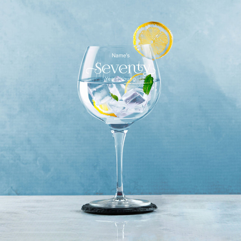 Engraved 70th Birthday Primeur Gin Glass Years Young Sweeping Font