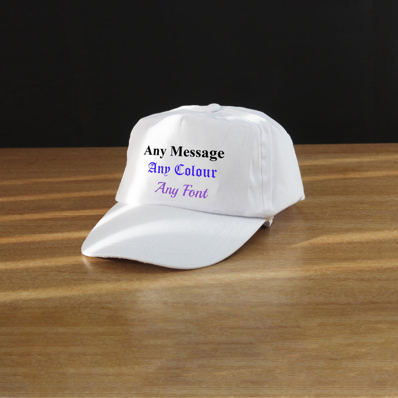 Printed White Baseball Cap, Any Message, Any Colour, Adjustable Size