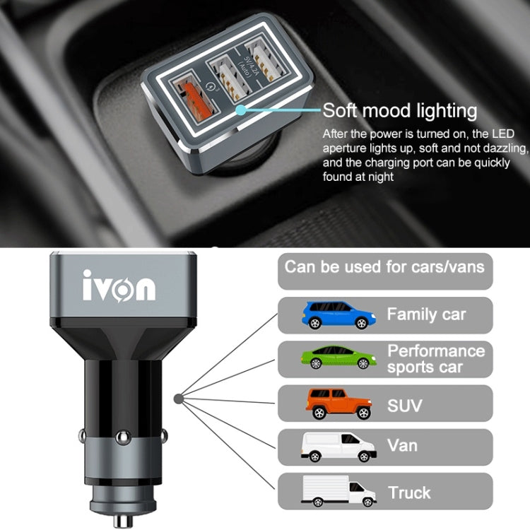 IVON CC36 39W 7.2A QC 3.0 USB + Dual USB Car Charger with Ambient Light, CC36
