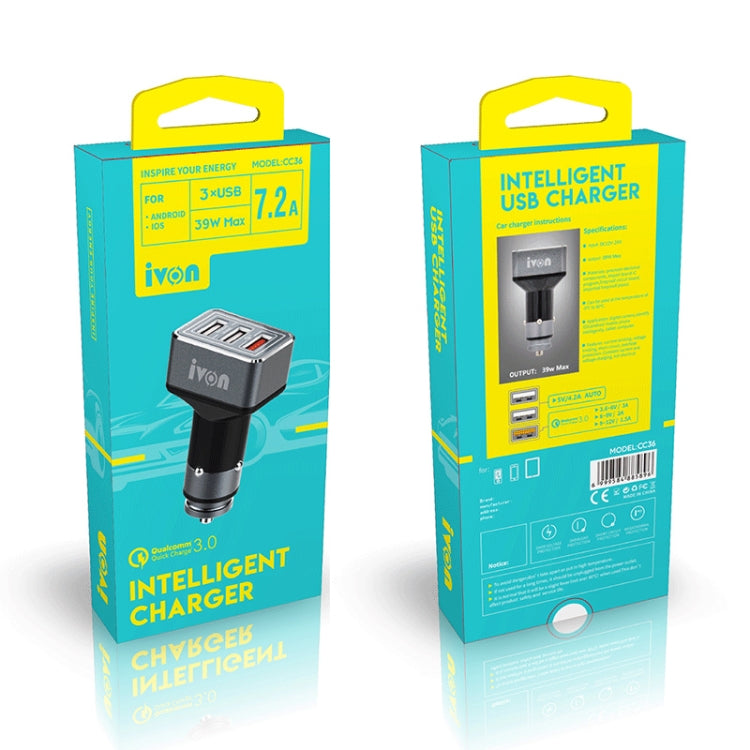 IVON CC36 39W 7.2A QC 3.0 USB + Dual USB Car Charger with Ambient Light, CC36