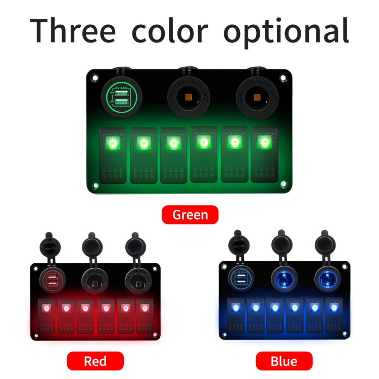 Multi-functional Combination Switch Panel 12V / 24V 6 Way Switches + Dual USB Charger for Car RV Marine Boat, 6 Way (Blue Light), 6 Way (Green Light), 6 Way (Red Light)