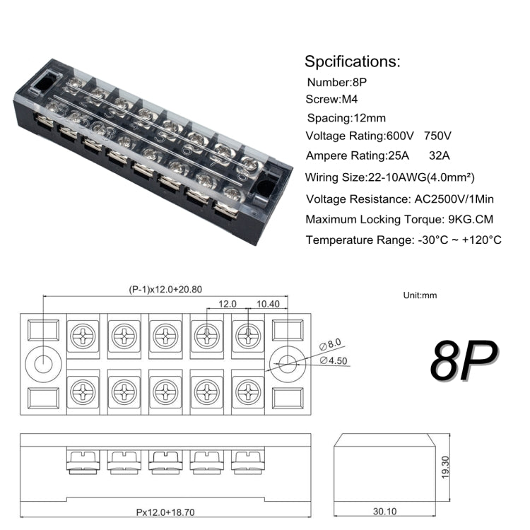 5 PCS Car 8-way 25A TB-2508 Dual Row Power Terminal Connector + 8-position Connection Strip with Cover, 8-way 25A
