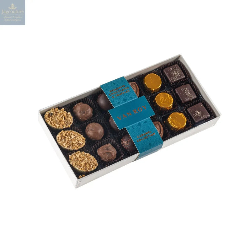 Caramel selection in 18 choc grey base with cello lid
