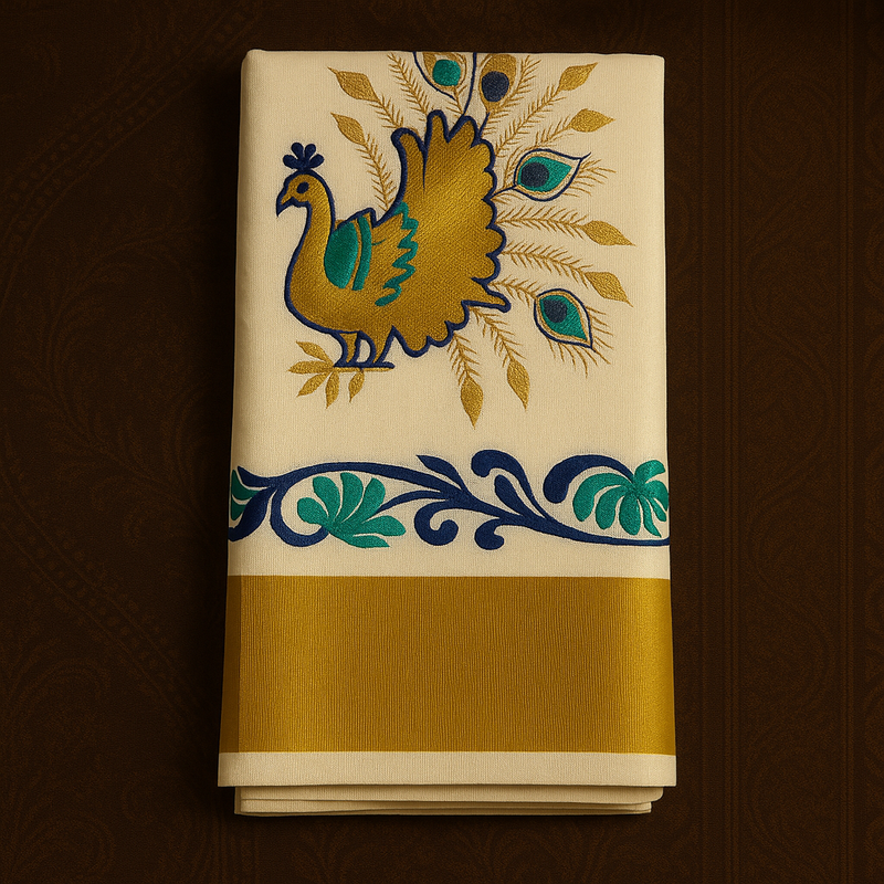Kerala Cotton  Onam Saree with Golden Peacock Embroidery & Kasavu Border – Traditional Festive Wear S110