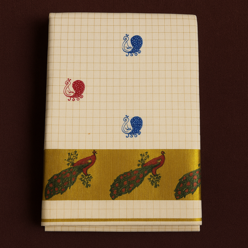 Kerala Kasavu Cotton Onam Saree with Golden Peacock Zari Border, Red & Blue Motifs – Traditional Onam Special Festive Saree S118