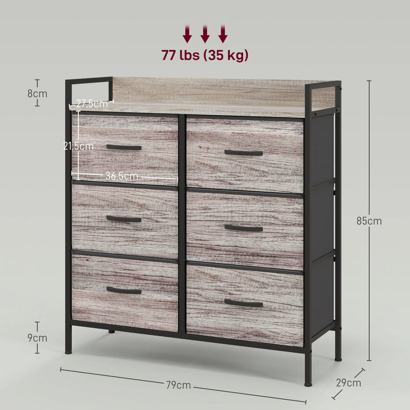 Bedroom Chest of Drawers - 6 Drawer Dresser with Shelf, Grey Wood Effect Table